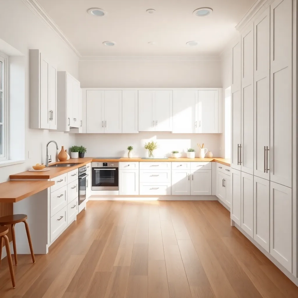 Biała kuchnia z drewnianym blatem  jaka podłoga