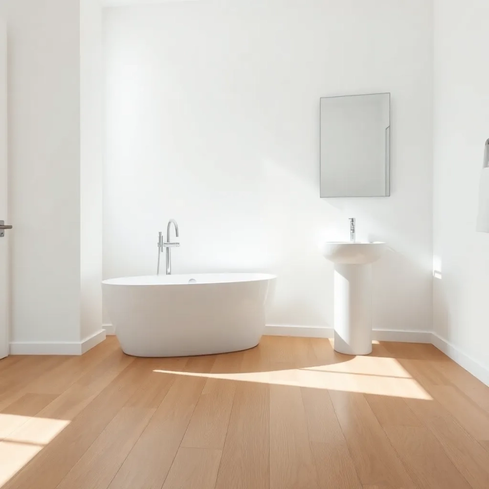 Biała łazienka z drewnianą podłogą