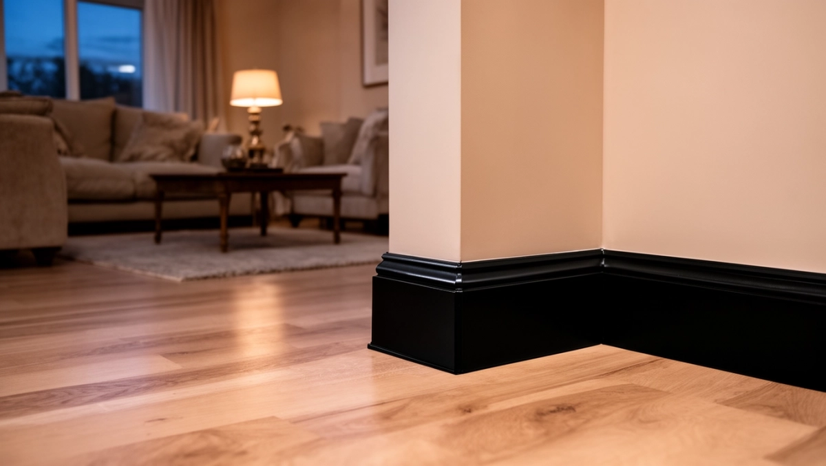 Czarne listwy przypodłogowe w salonie