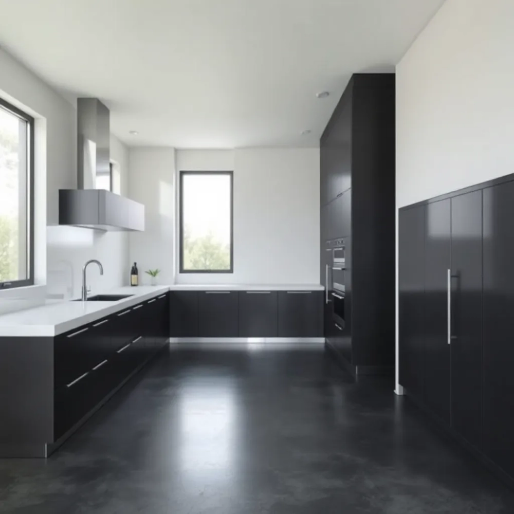Kuchnia z ciemną podłogą