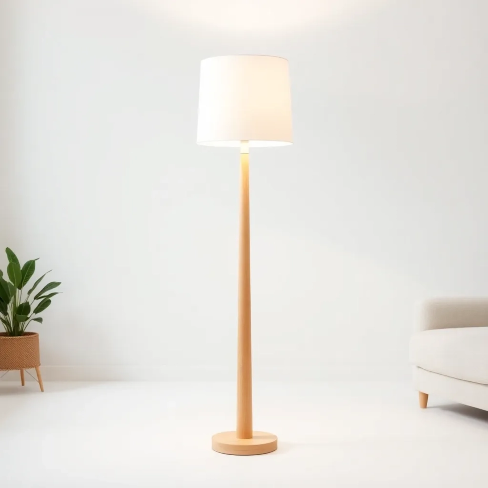 Lampa podłogowa biała z drewnem