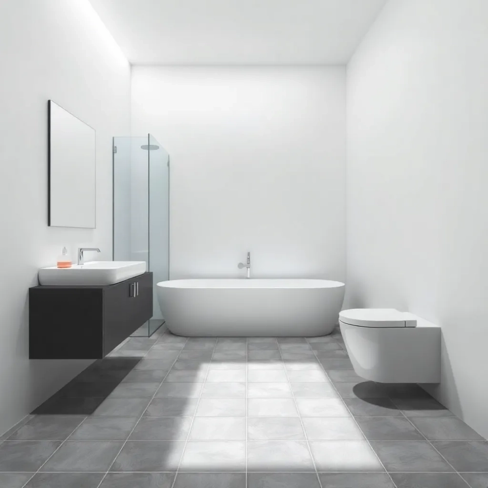 Łazienka szarą podłogą białe ściany