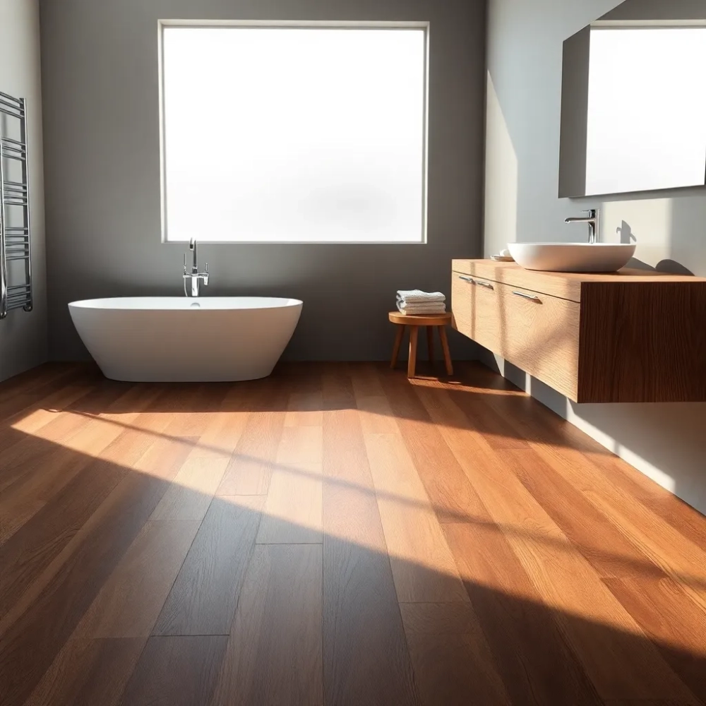 Łazienka z drewnianą podłogą