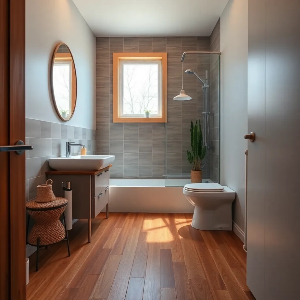 Mała łazienka z drewniana podłoga