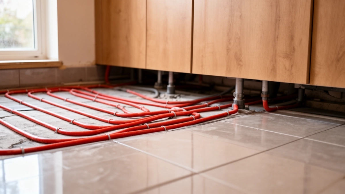 ogrzewanie podłogowe pod szafkami w kuchni