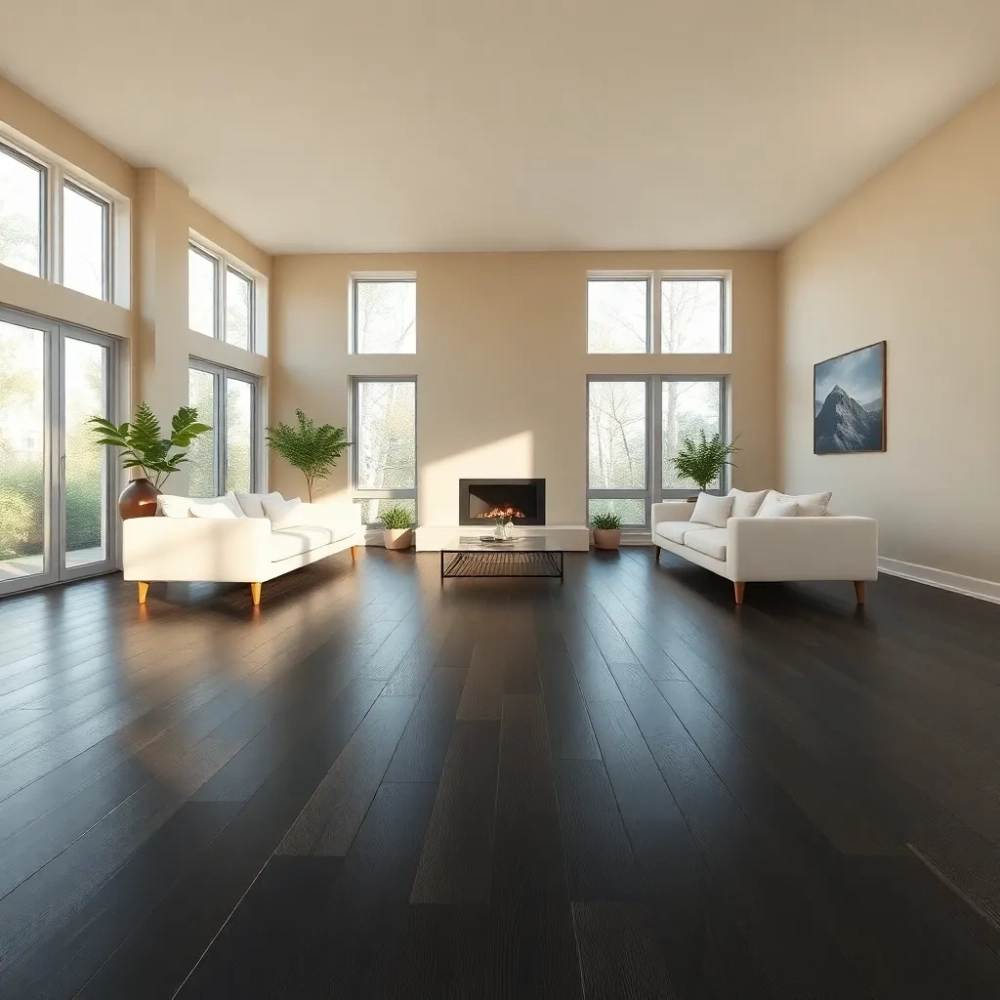 Salon z ciemną podłogą