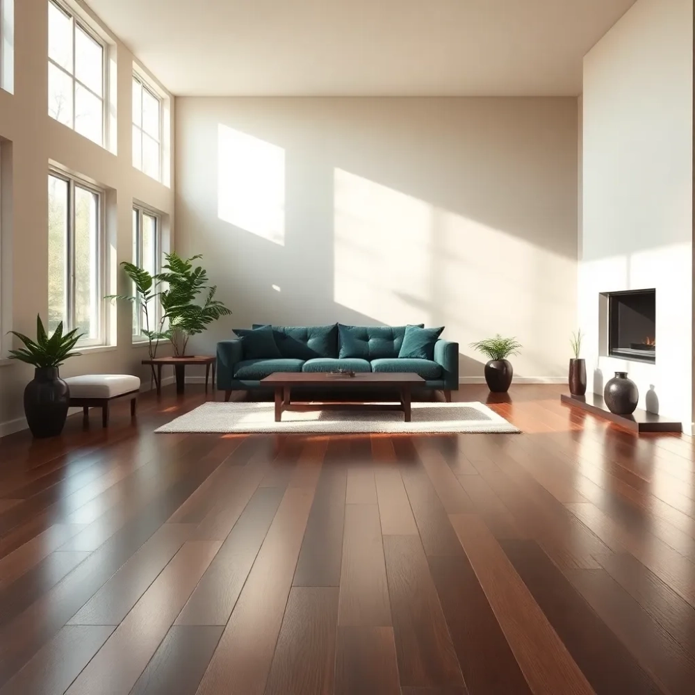 Salon z drewnianą podłogą