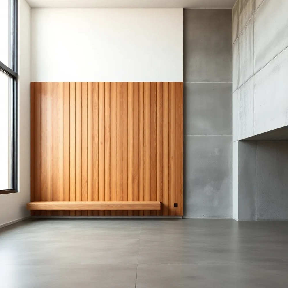 Salon z lamelami i betonem