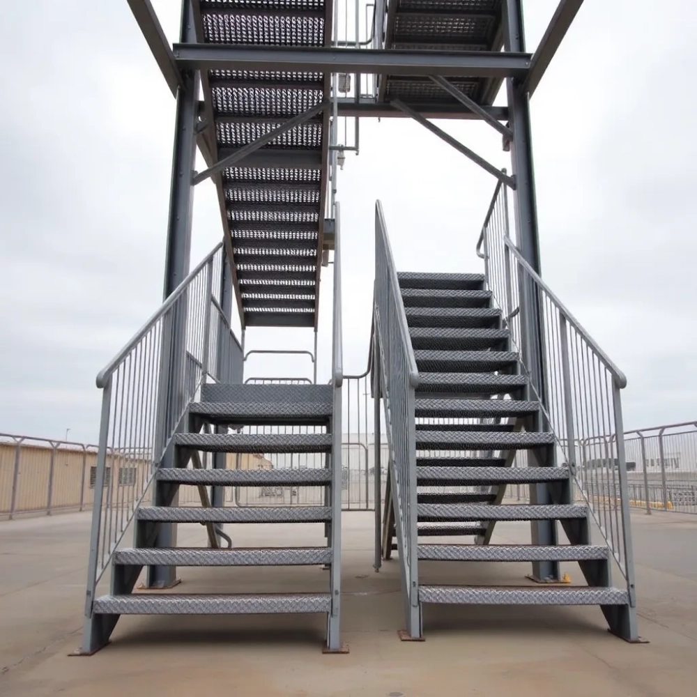 Schody metalowe zewnętrzne z podestem