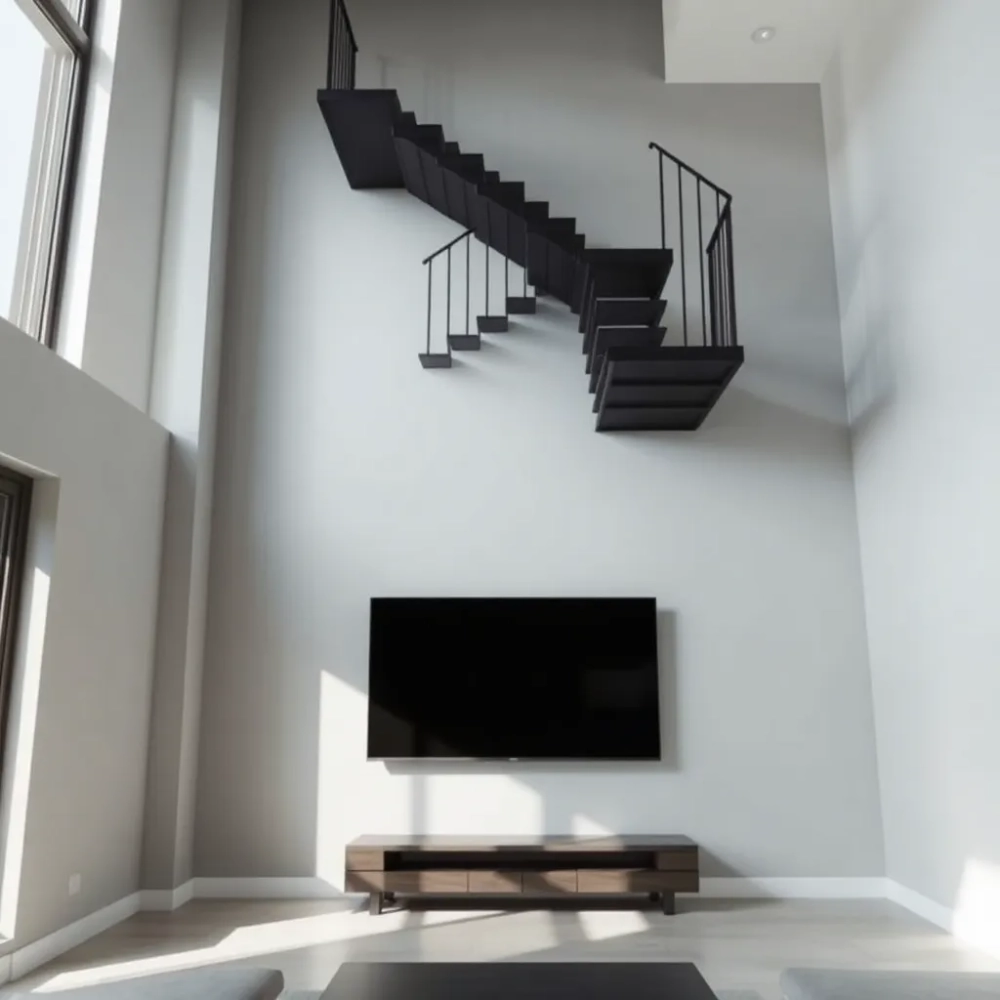 Schody w salonie nad telewizorem