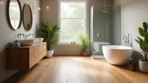 aranżacja łazienki z drewnianą podłogą