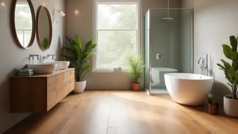 aranżacja łazienki z drewnianą podłogą