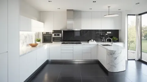 biała kuchnia ciemna podłoga