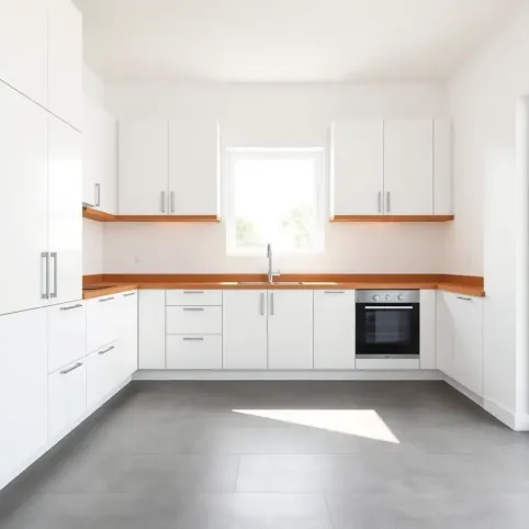 Biała kuchnia z drewnianym blatem i szara podłoga