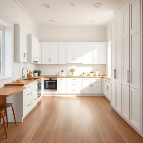 Biała kuchnia z drewnianym blatem  jaka podłoga