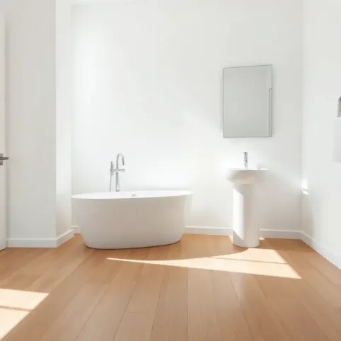 Biała łazienka z drewnianą podłogą