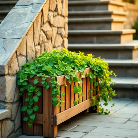 Donica z palisady przy schodach