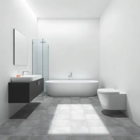 Łazienka szarą podłogą białe ściany