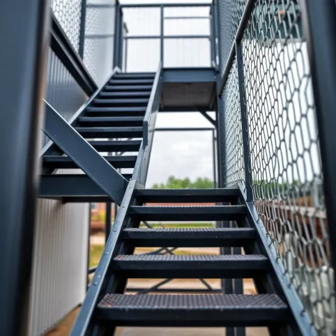 Schody metalowe zewnętrzne z podestem i barierką