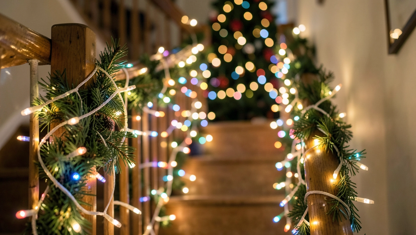 Światełka LED wokół poręczy na święta