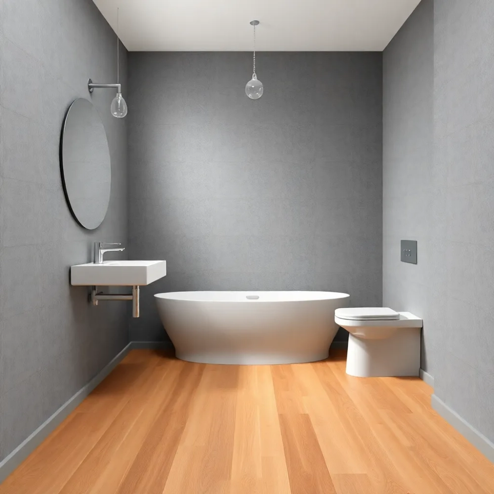 Szara łazienka z drewnianą podłogą